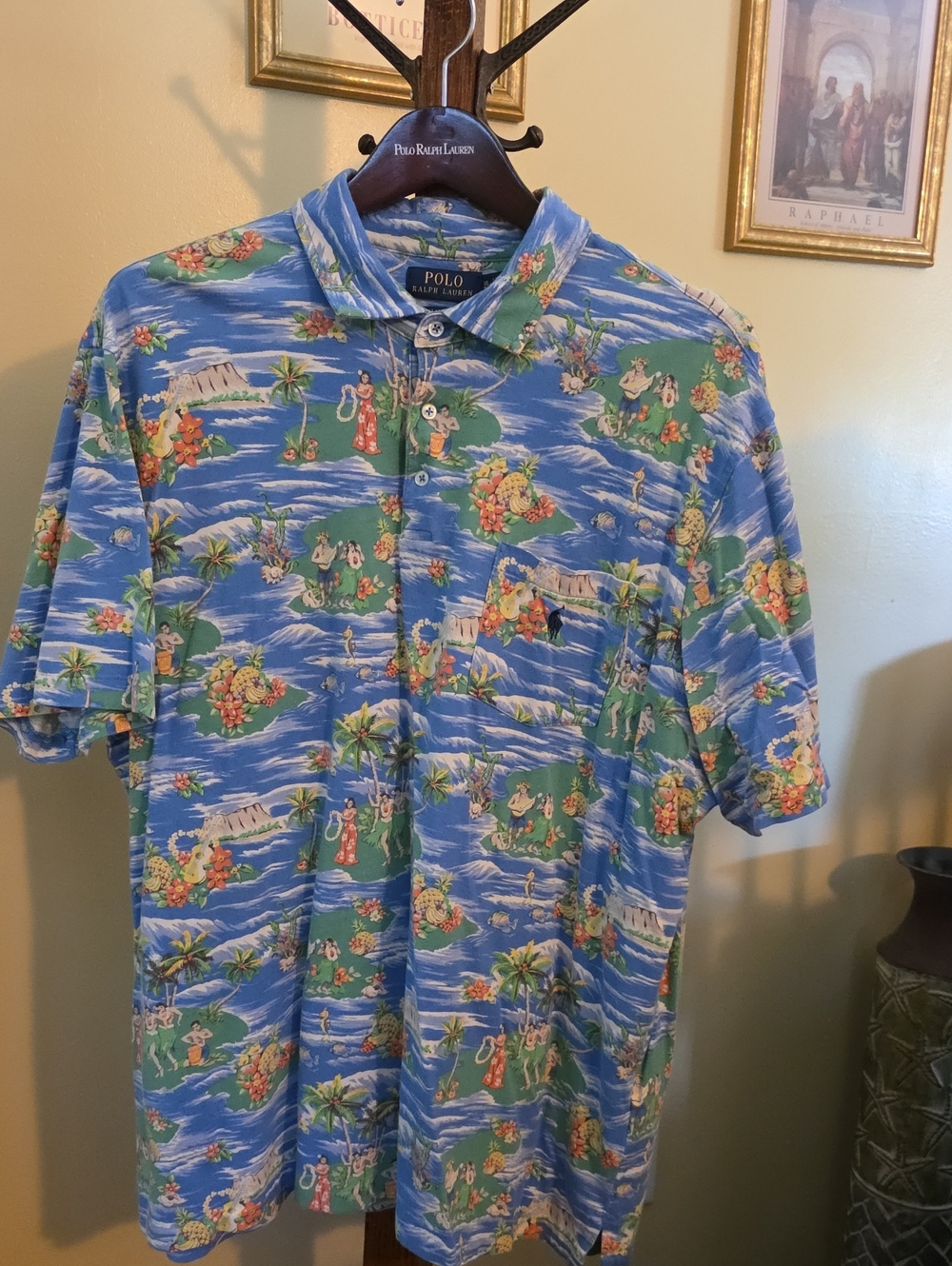 Polo by Ralph Lauren Blue and Green Hawaiian Print Short-Sleeve Shirt